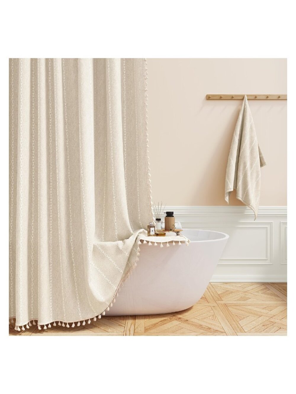 Linen Blend Boho Farmhouse Shower Curtain Set 72x72 Heavy Duty Tassel